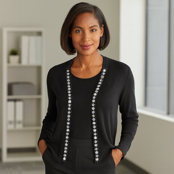 Chico's Black Open Front Cardigan Women's Sz 1 (Medium) Embellished Long Sleeve - Picture 1 of 7